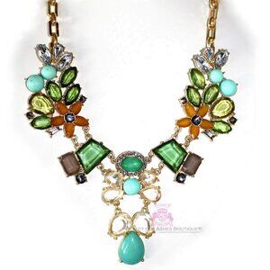 Green Flower Celebrity Glam Fun Garden Crystal Gold Art Deco Chunky Necklace